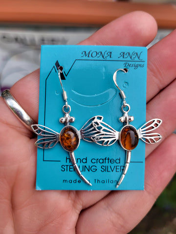 Amber Dragonfly Sterling Silver Earrings