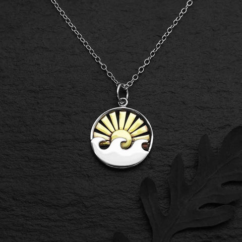 Sterling Silver Waves with Bronze Sun Necklace