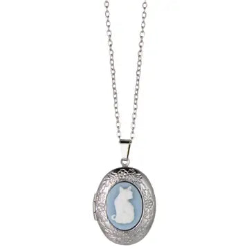 Sitting Pretty Silver Cat Cameo Locket Necklace