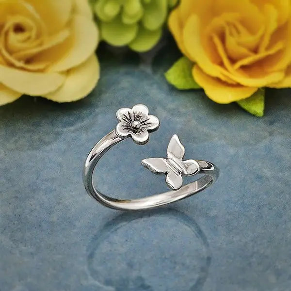 Sterling Silver Adjustable Butterfly and Flower Ring