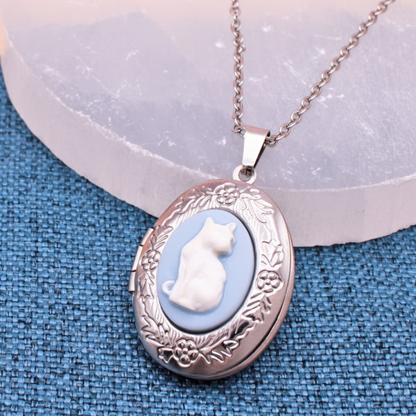 Sitting Pretty Silver Cat Cameo Locket Necklace