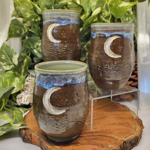 Dark Brown Moon & Forest Cups by Liz Butler