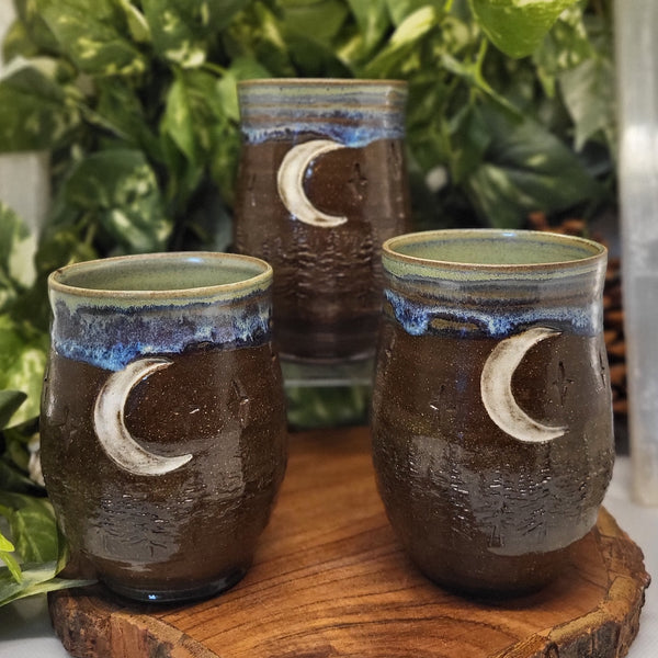 Dark Brown Moon & Forest Cups by Liz Butler