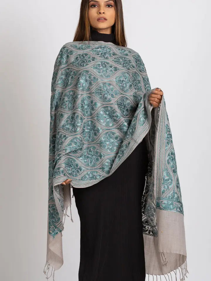 Surani Aqua Embroidered Shawl