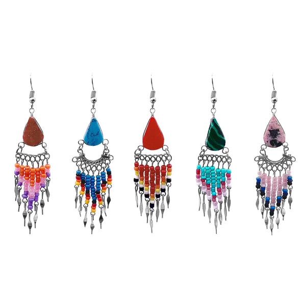 Teardrop Stone Long Beaded Metal Dangle Earrings