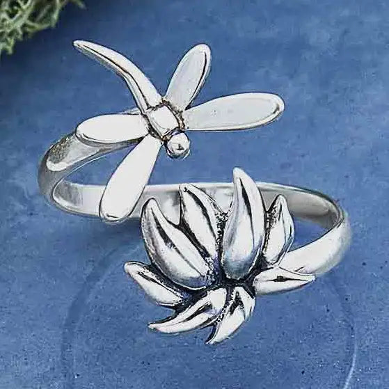 Sterling Silver Adjustable Dragonfly and Lotus Ring