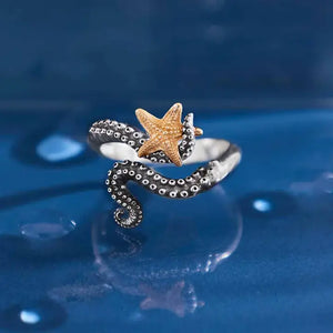 Adjustable Octopus Tentacle Sterling Silver Ring with Bronze Starfish