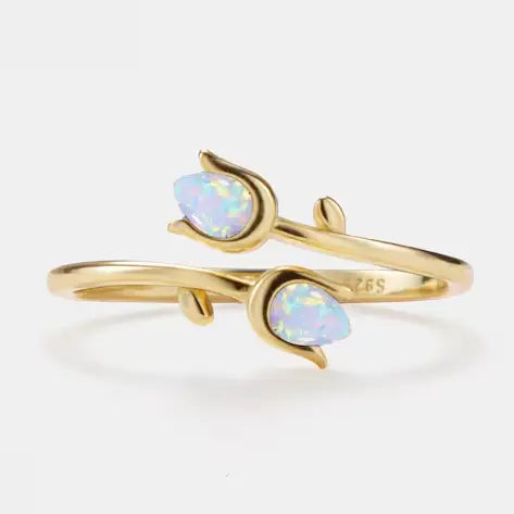 Dainty Opal Tulip Flower Bypass Ring in 925 Sterling Silver