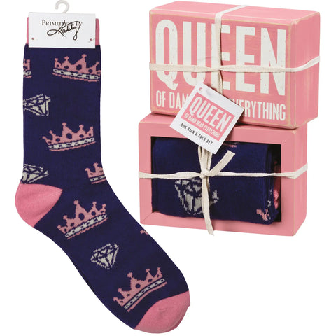 Queen Of Damn Near Everything Box Sign and Sock Set