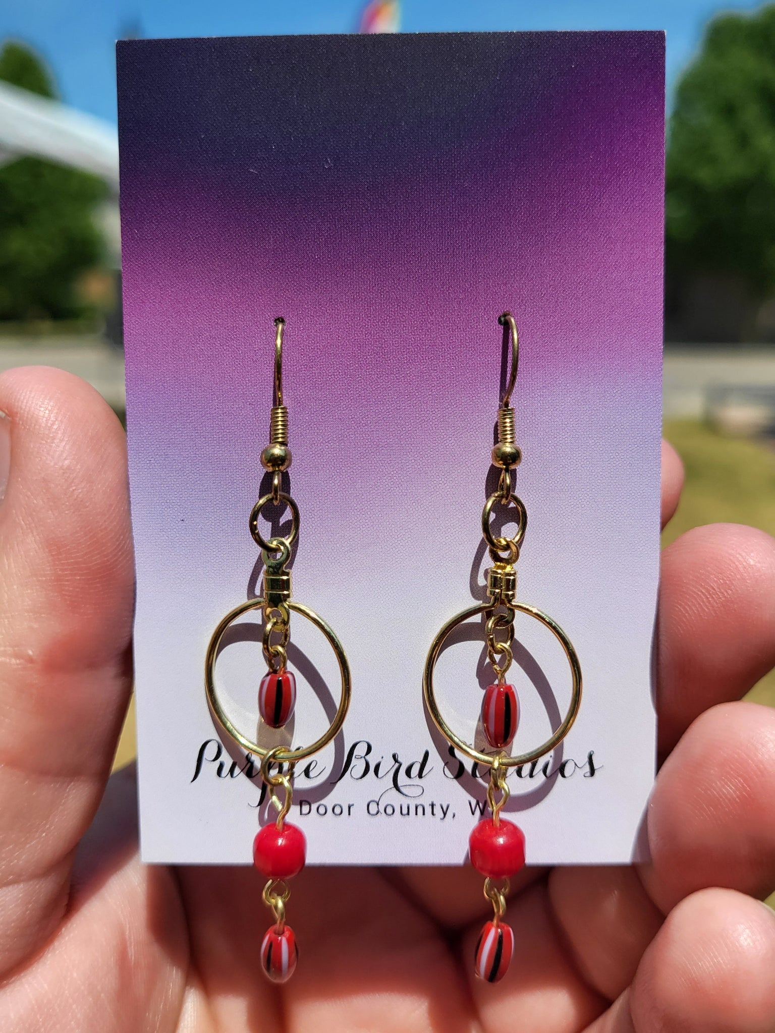Small Gold Hoop with Red Drop Earrings by Nikkie Howard