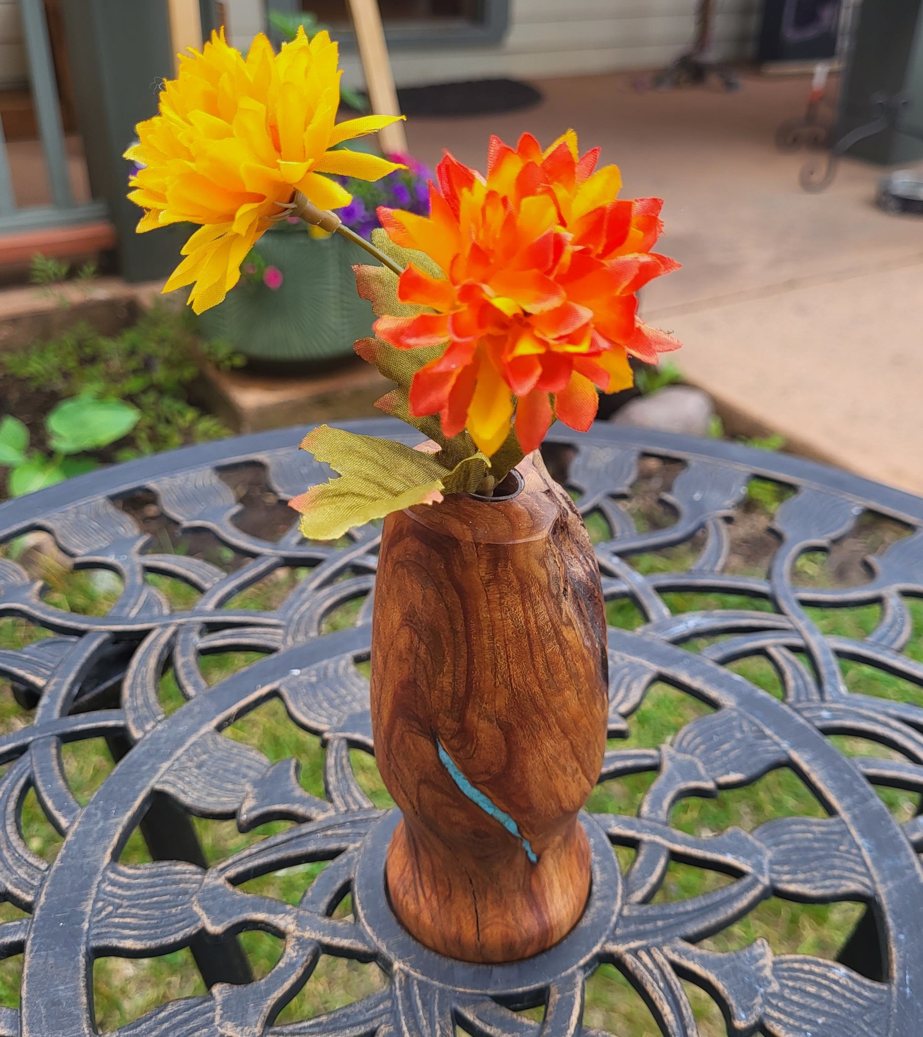 Wood Plant Pot with Turquoise Inlay - Joe Krebsbach