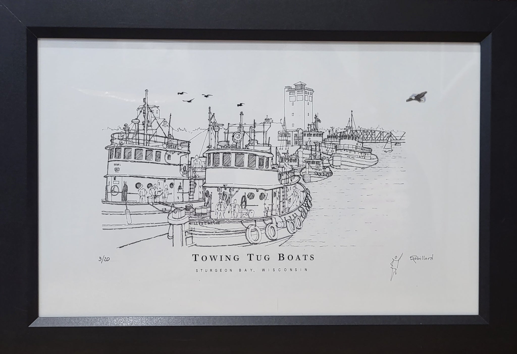 “Towing Tug Boats” - B&W Framed Printed Sketch (13x19”) by David Robillard