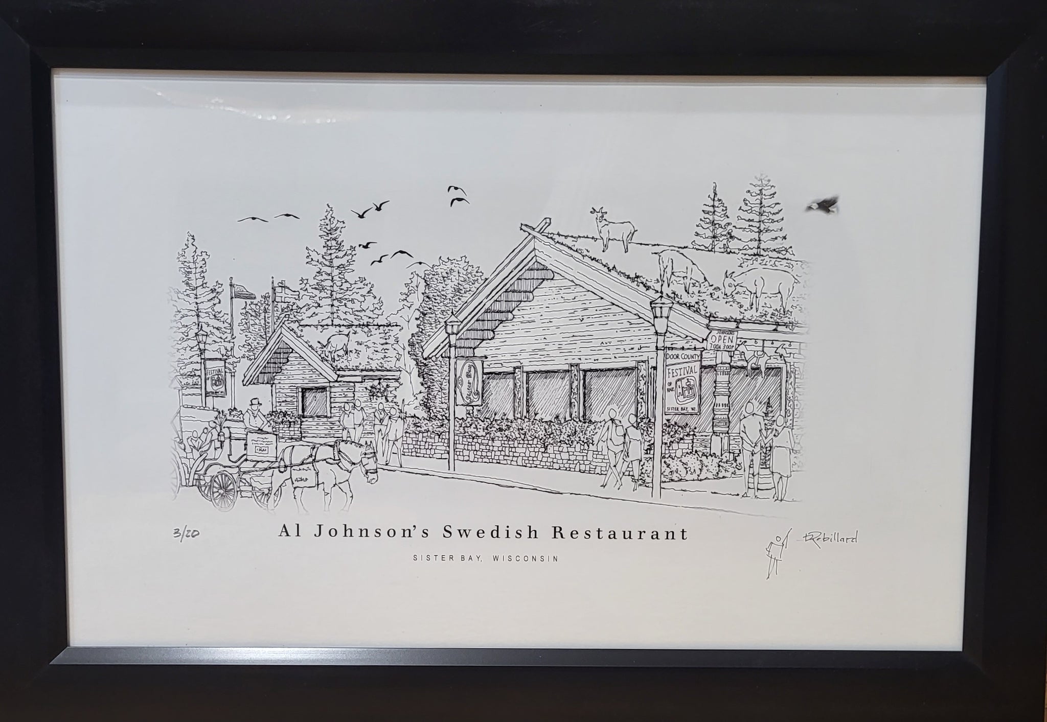 “Al Johnson’s Swedish Restaurant” - Framed Printed Sketch (13x19”) by David Robillard