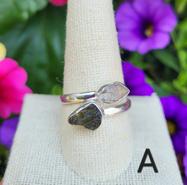 Moldavite and Herkimer Diamond Freeform Sterling Silver Rings