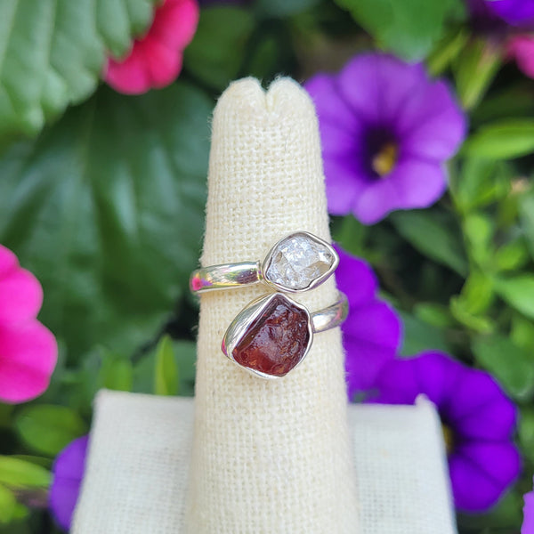 Garnet and Herkimer Diamond Freeform Sterling Silver Rings