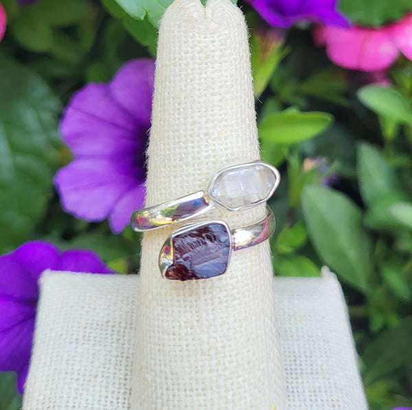 Garnet and Herkimer Diamond Freeform Sterling Silver Rings