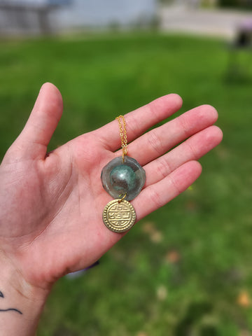 Recycled Ancient Roman Glass with Brass Coin Necklace by Nikkie Howard
