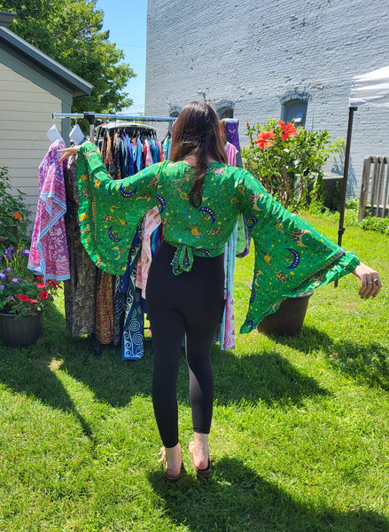 Bohemian Celestial Style Bell Sleeve Wrap Top with Ruffle