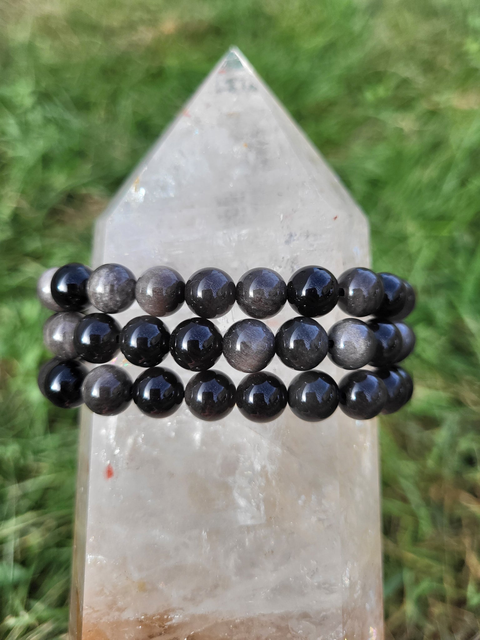 Silver Sheen Obsidian Elastic Bracelet