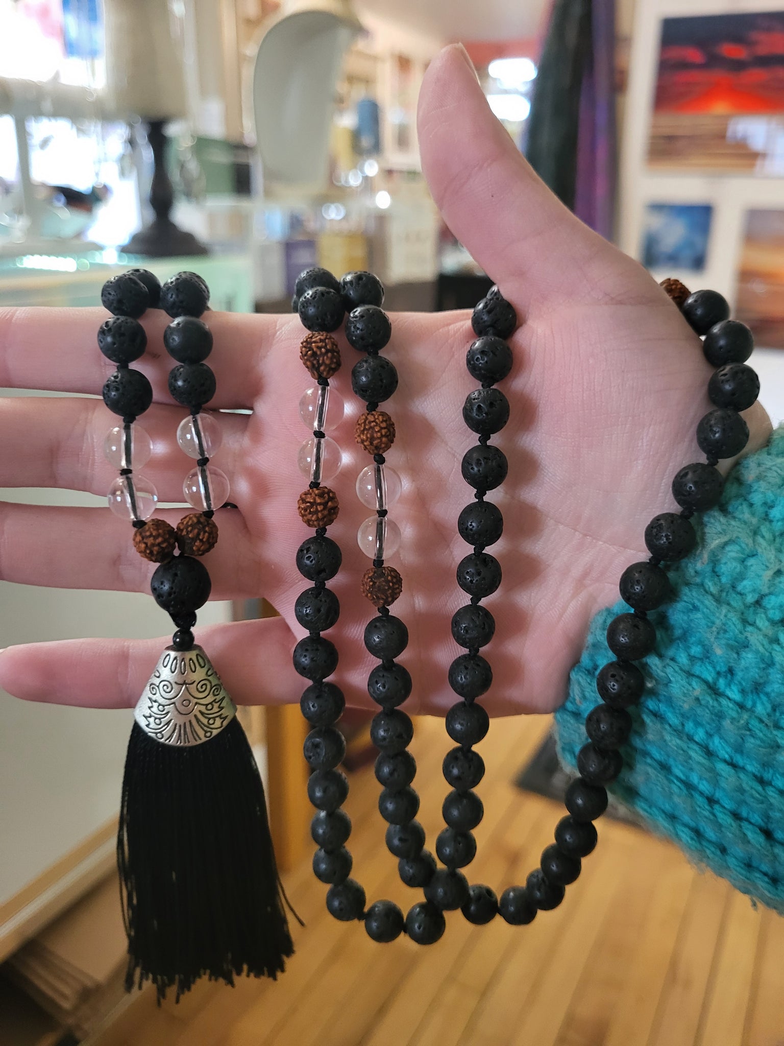 Lava Bead Mala with Clear Quartz Inclusions