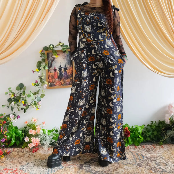 Celestial Cat & Moon Boho Wide Leg Jumpsuit