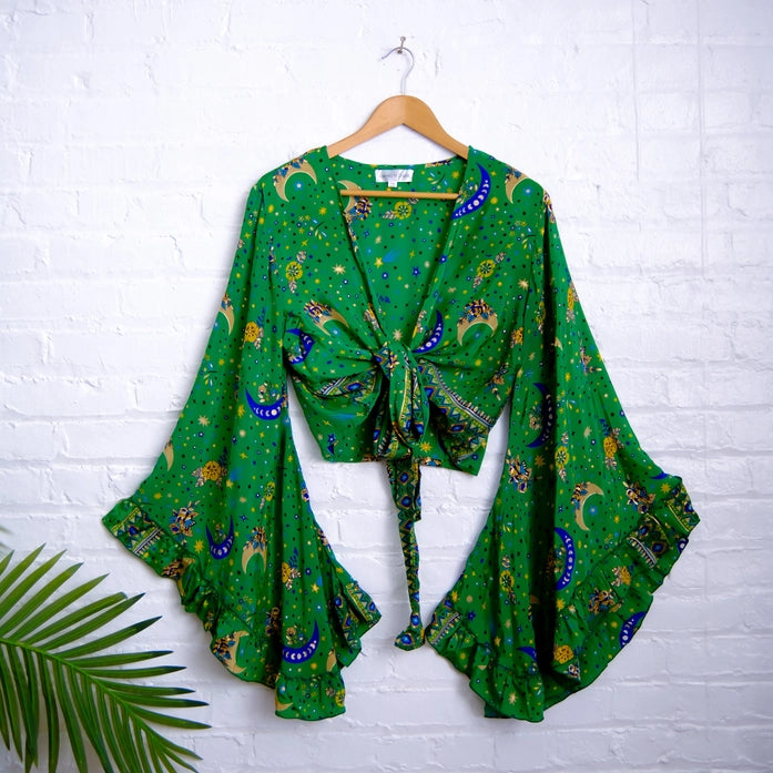 Bohemian Celestial Style Bell Sleeve Wrap Top with Ruffle