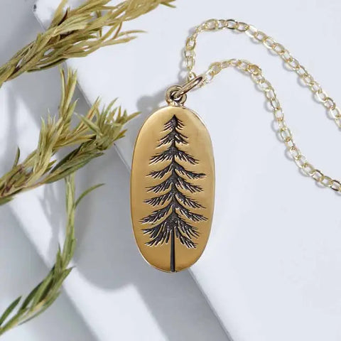 Oval Pine Tree Necklace Bronze/Gold-filled