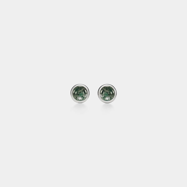 Moss Agate Cabochon Stud Earrings - Sterling Silver & Gold Plated