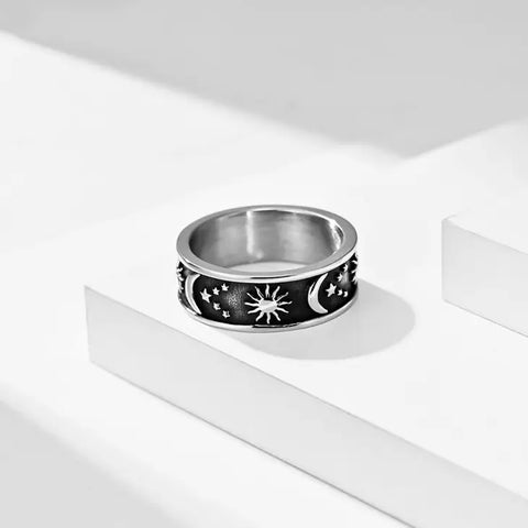 Sun Moon Star 8mm Stainless Steel Ring - Size 6
