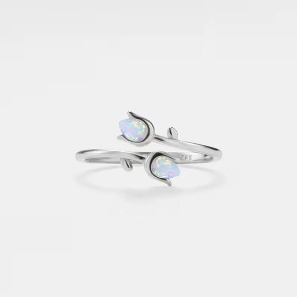 Dainty Opal Tulip Flower Bypass Ring in 925 Sterling Silver