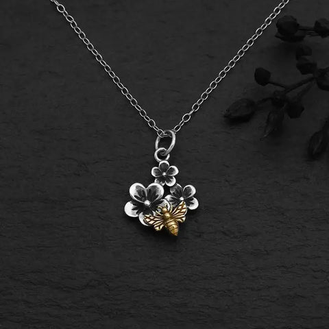 Sterling Cherry Blossom Necklace with Bronze Bee