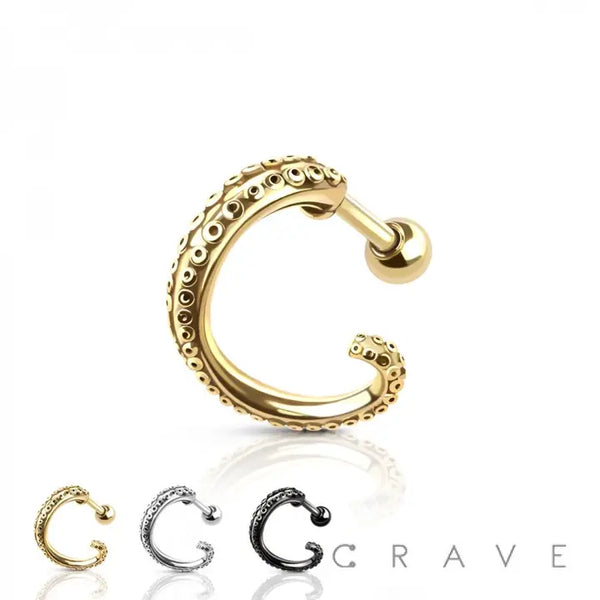Octopus Kraken Leg 316L SS Cartilage Ear Cuff Barbell
