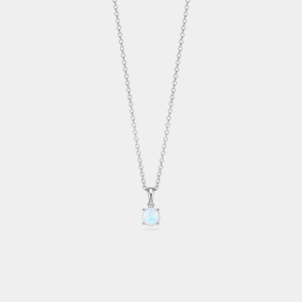 Solitaire Round Opal Pendant Necklace in 925 Sterling Silver - Silver/White