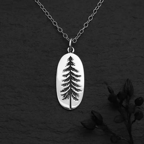 Oval Pine Tree Necklace - Sterling Silver