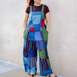 Solid Patchwork Cotton Wide Leg Jumpsuit