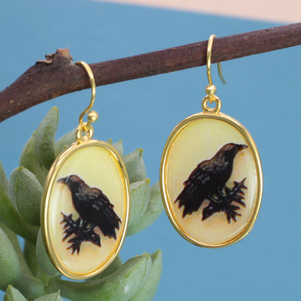 Vintage Raven Print Gold Earrings