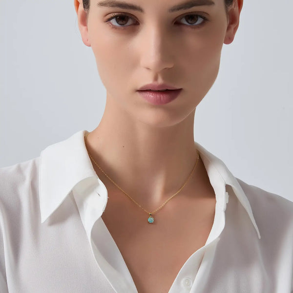 Solitaire Round Opal Pendant Necklace in 925 Sterling Silver - Gold/Green