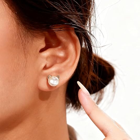 Pearl and Sterling Silver Cat Head Earrings