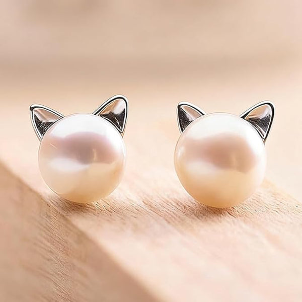 Pearl and Sterling Silver Cat Head Earrings