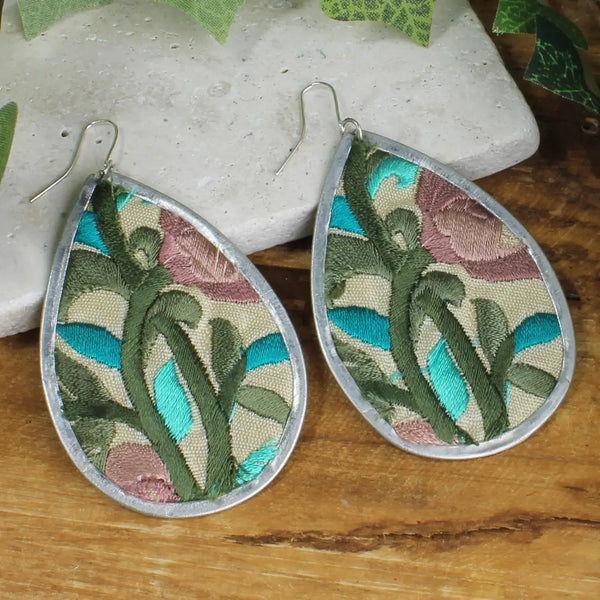 Turquoise Floral Embroidered Silver Teardrop Earrings