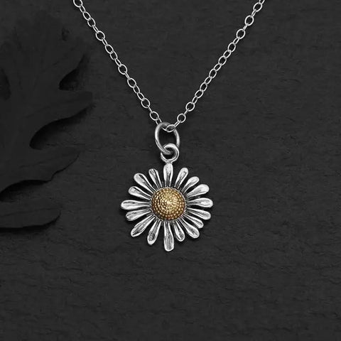 Sterling Silver Daisy Necklace with Bronze Center