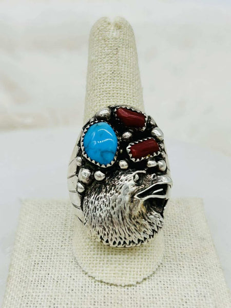 Sterling Silver Turquoise & Coral Eagle Ring - Size 10.5 - Marcia Nickols Collection