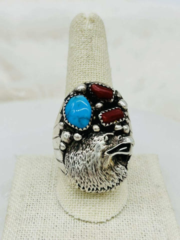 Sterling Silver Turquoise & Coral Eagle Ring - Size 10.5 - Marcia Nickols Collection