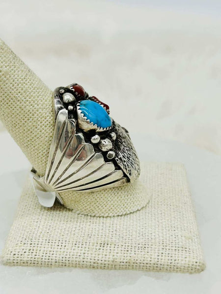 Sterling Silver Turquoise & Coral Eagle Ring - Size 10.5 - Marcia Nickols Collection