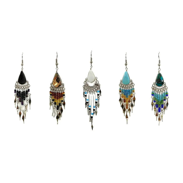 Teardrop Stone Long Beaded Metal Dangle Earrings