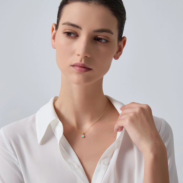 Solitaire Round Opal Pendant Necklace in 925 Sterling Silver - Silver/White