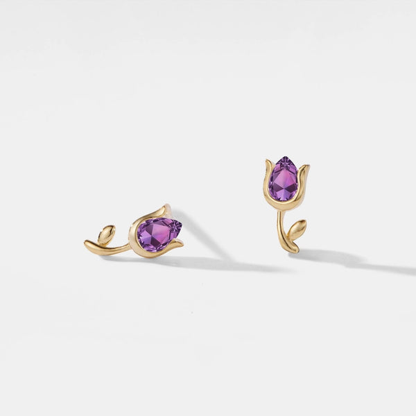 Tiny Amethyst Tulip Flower Earrings - Sterling Silver and Gold Plated