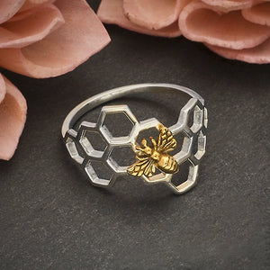 Sterling Silver Honeycomb Ring with Bronze Bee