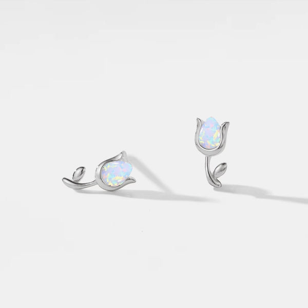 Tiny Small Opal Tulip Stud Earrings - Sterling Silver and Gold Plated