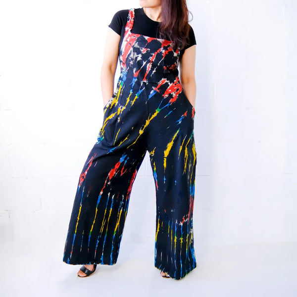 Tie Dye Cotton Wide Leg Bohemian Jumpsuit /black